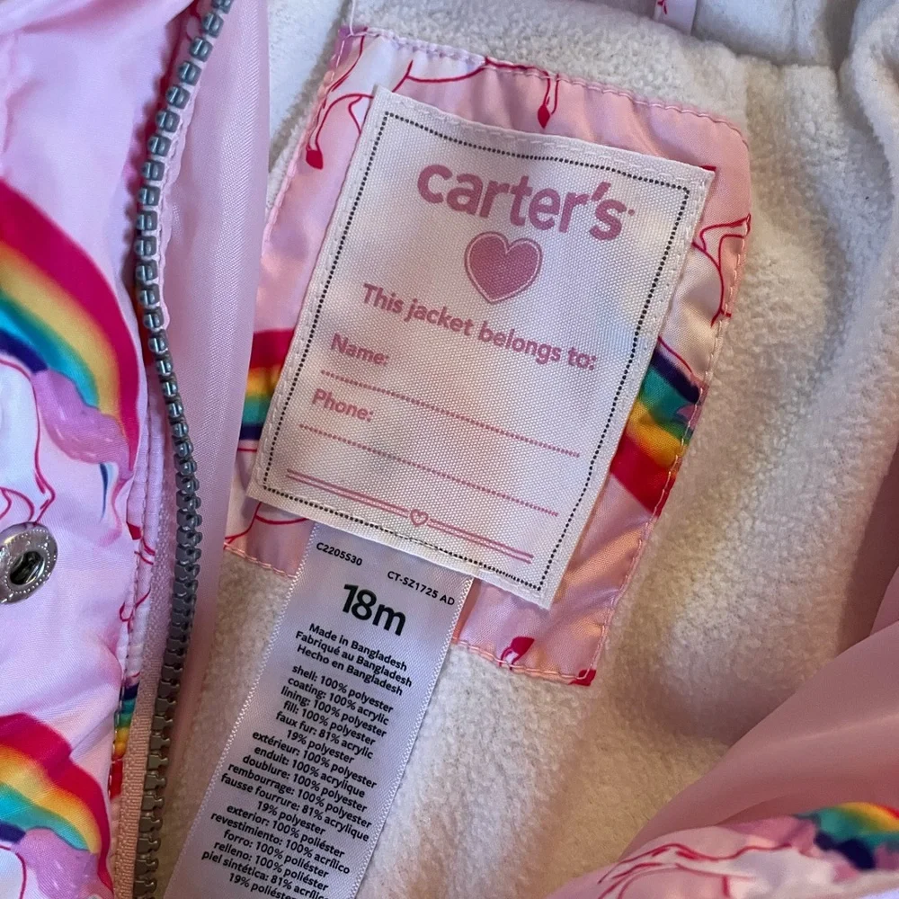 Carters pink unicorn girls 18 month winter coat toddler jacket with hood